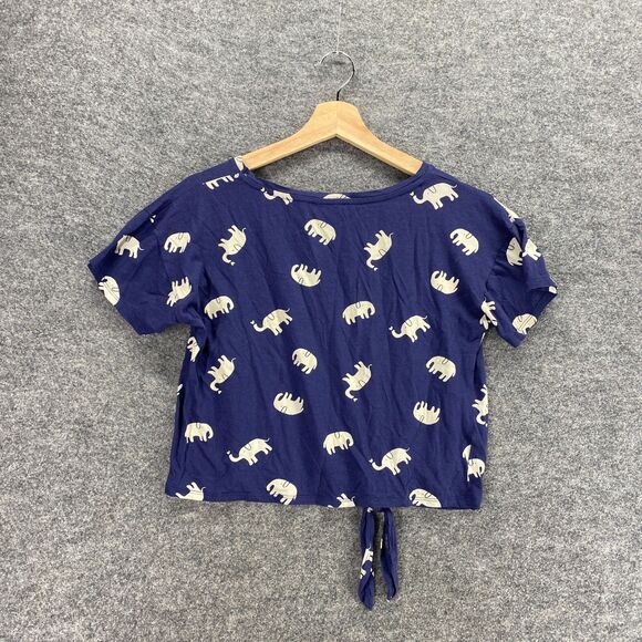 Forever 21 Top Women M Medium Blue Short Sleeve Cropped Tie Up Elephant Print - Picture 2 of 8
